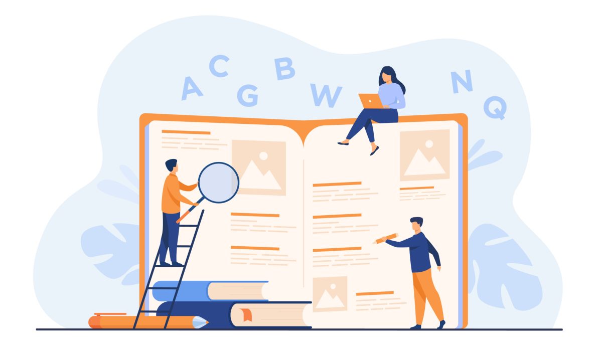Students learning foreign language with vocabulary. Tiny people reading grammar book. Flat vector illustration for abc book, literature class, knowledge concept