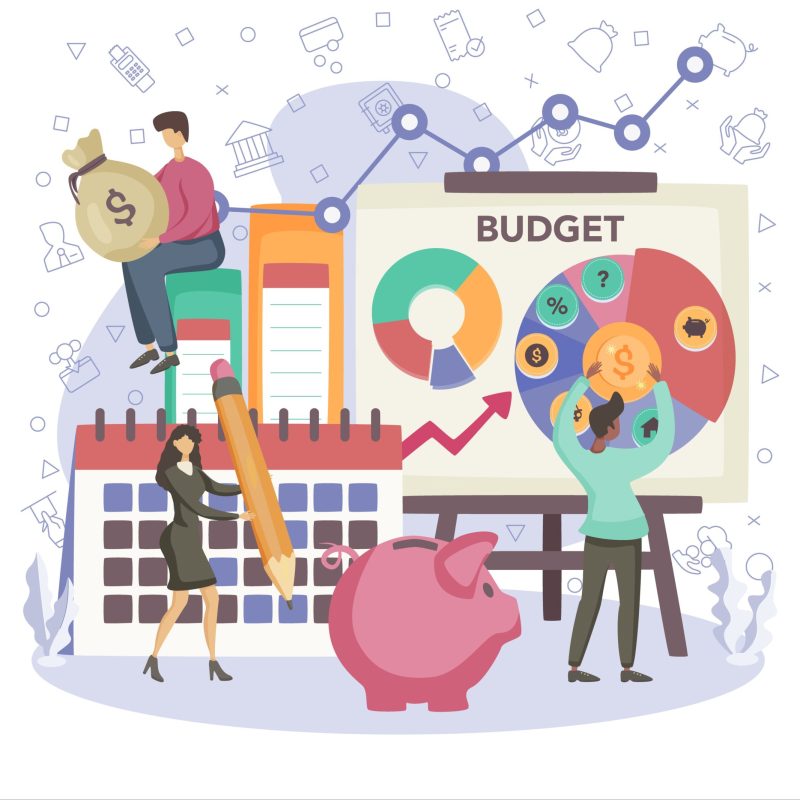 Economics and finance concept. Business people work with budjet, cost control. Idea of economic analysis and money making. Business strategy. Vector illustration in cartoon style